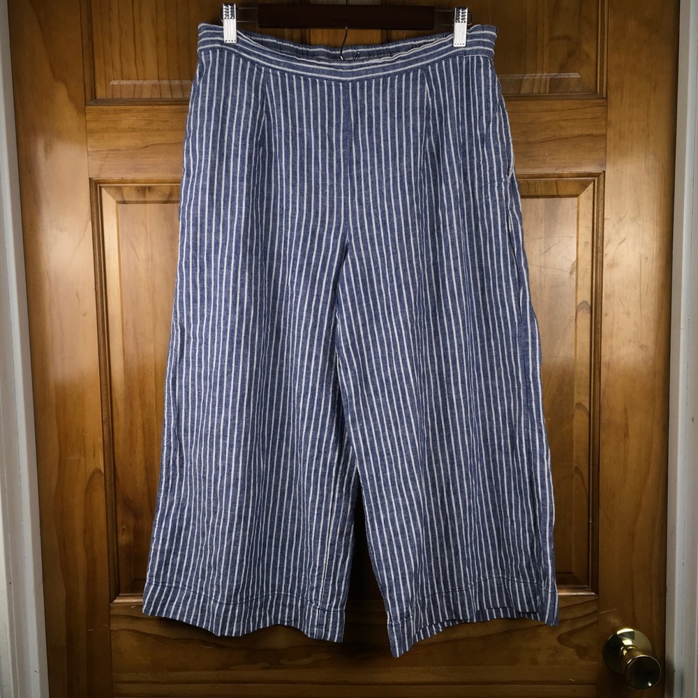 Beachlunchlounge Blue White Striped Wide Leg Crop Pants Linen Blend Large Boho